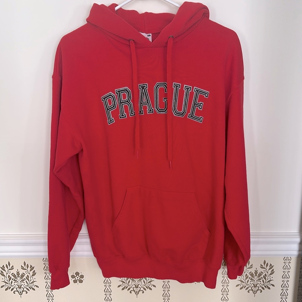 Prague Unisex Hoodie M Czech Republic Pockets Red with Raised Black Letters